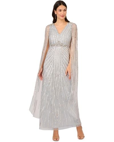 Adrianna Papell Beaded V-neck Cape Gown - White