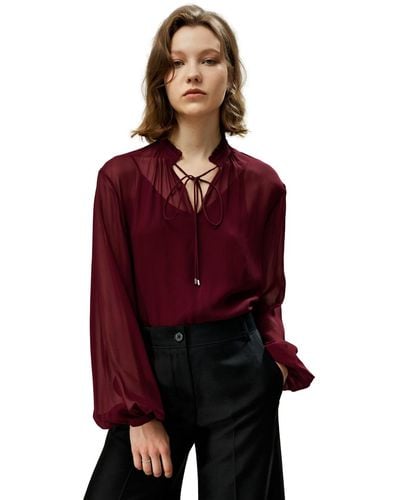 LILYSILK Tie Front Drawstring Georgette Blouse - Red