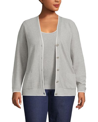 Lands' End Plus Size Fine Gauge Cotton Cardigan And Tank Sweater Set - Gray