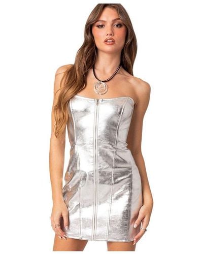 Edikted Astro Zip Up Metallic Mini Dress - White