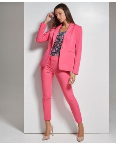 Tommy Hilfiger Single Button Slim Fit Blazer Floral Print Sleeveless Mesh Knit Top Solid Slim Fit Straight Leg Pants - Pink
