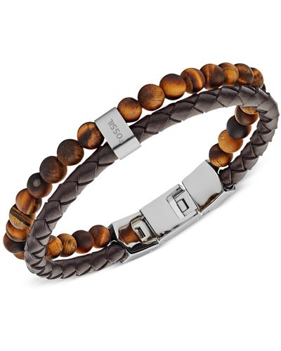 Fossil Tiger's Eye And Brown Leather Bracelet - White