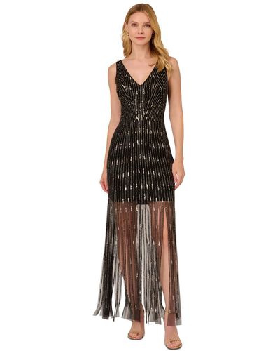 Adrianna Papell Beaded Sheer Hem Gown - Multicolor