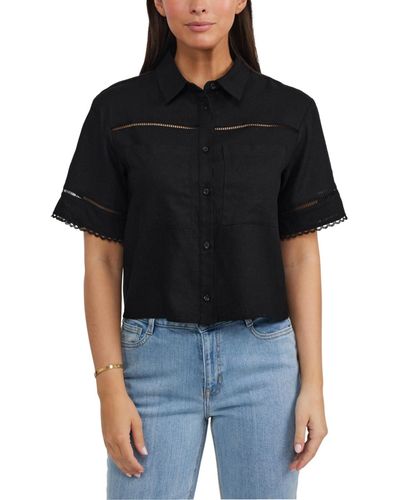 Ellen Tracy Linen Crop Camp Shirt - Black