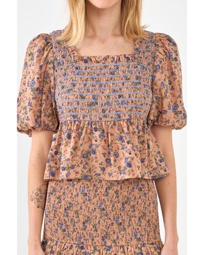 Free the Roses Floral Smocked Detail Top - Brown