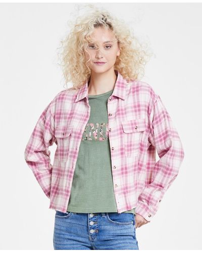 Lucky Brand Cotton Plaid Fringe-hem Cropped Shirt - Pink