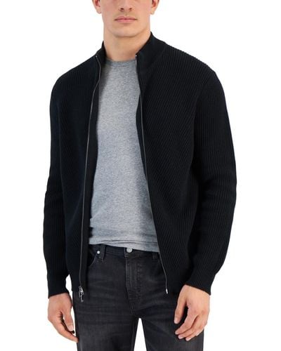 Alfani Heavy Rib Zip-front Sweater Jacket - Black