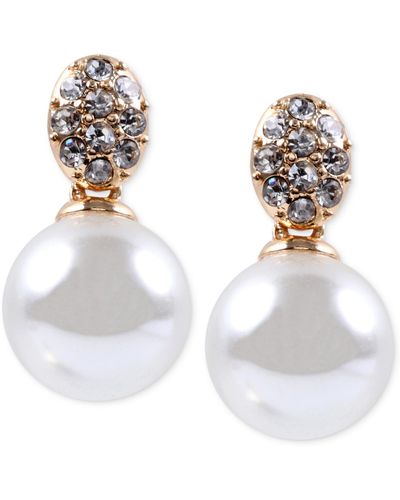 Anne Klein Gold-tone Crystal And Glass Pearl Earrings - White
