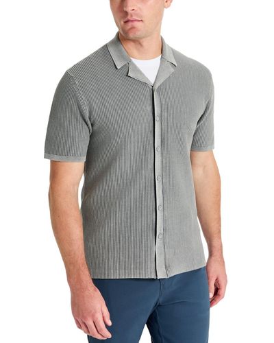 Kenneth Cole Acid Washed Camp Collar Short Sleeve Sweater Shirt - Gray