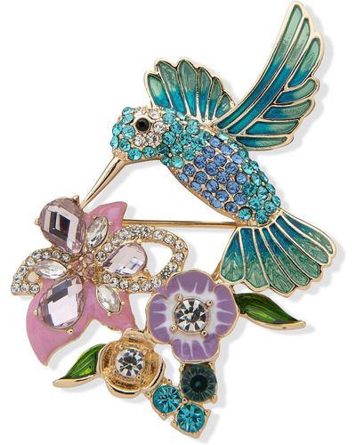 Anne Klein Gold-tone Crystal Hummingbird & Flower Pin - Multicolor