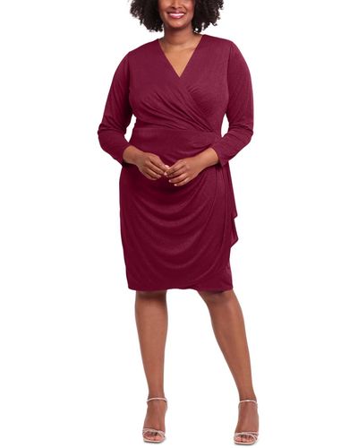 London Times Plus Size Ruched Surplice Glitter-knit Dress - Red