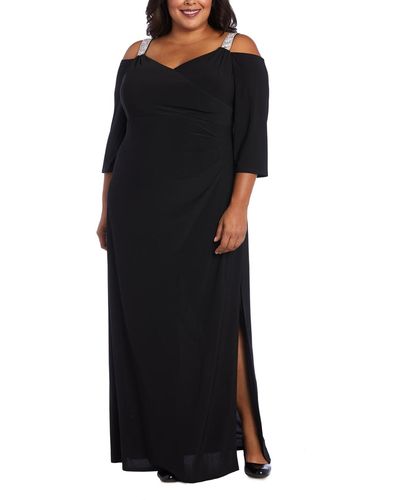 R & M Richards Plus Size Embellished Cold-shoulder Gown - Black