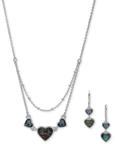 Anne Klein Silver-tone Stone Heart Layered Statement Necklace & Drop Earrings Set - White