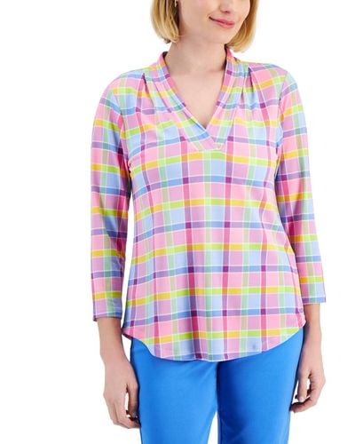 Charter Club Petite Willow Plaid Knit V-neck 3/4-sleeve Top - Blue
