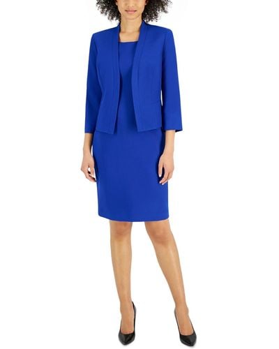 Le Suit Crepe Open Front Jacket & Crewneck Sheath Dress Suit - Blue