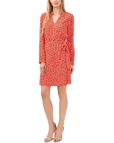 Cece Printed Collared Faux Wrap Long Sleeve Dress