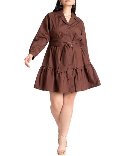 Eloquii Plus Size Mini Shirt Dress With Belt - Brown
