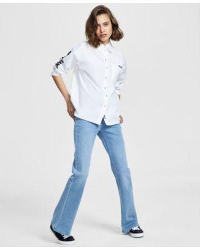 DKNY Cotton Embroidered Logo Shirt Boerum High Rise Flare Leg Jeans - Blue