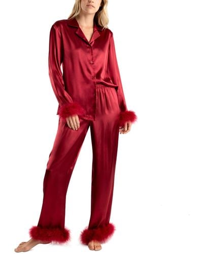 Linea Donatella Marabou Feather Satin Pajama Set - Red
