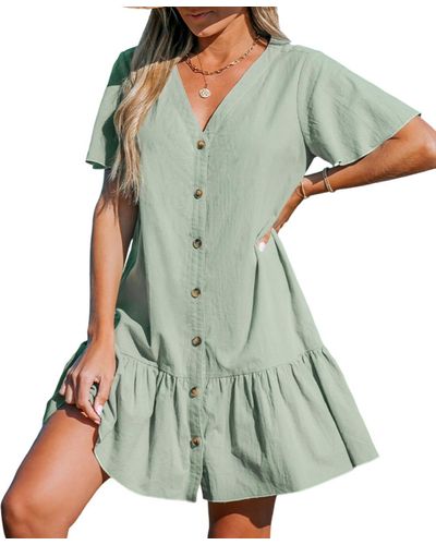 CUPSHE Button-up V-neck Flounce Cover Up Dress - Blue