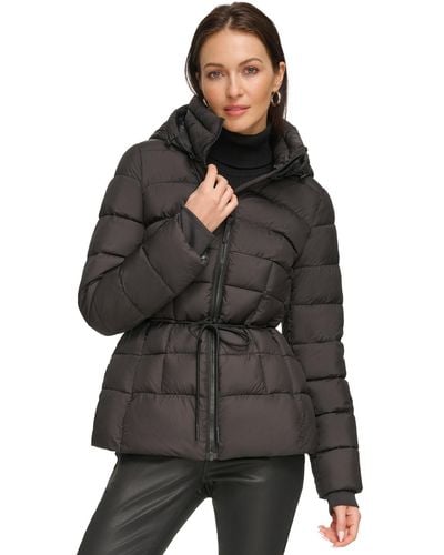 DKNY Rope Belted Hooded Puffer Coat - Black