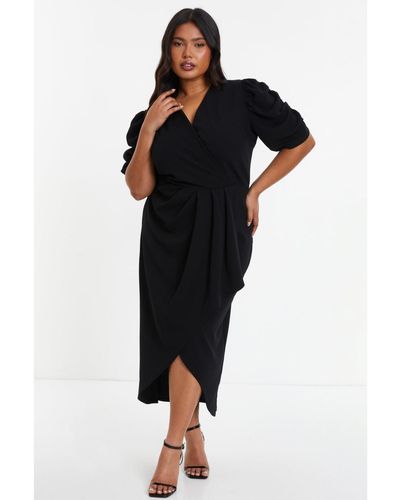 Quiz Plus Size Wrap Pleated Ruched Sleeve Midi Dress - Black