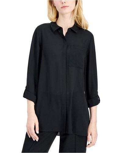 Alfani Button-front Printed Roll-tab Tunic, Created For Macy's - Black