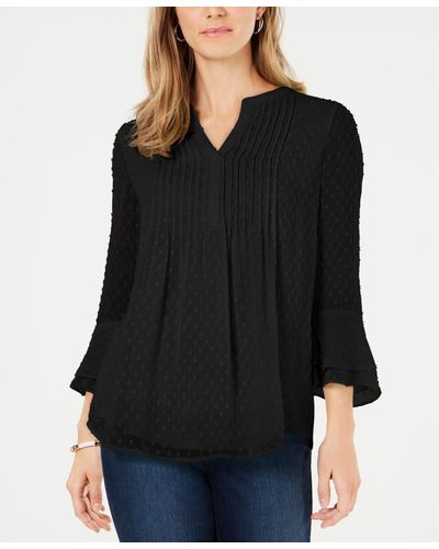 Charter Club Petite Double-ruffle Textured Pintuck Top, Created For Macy's - Black