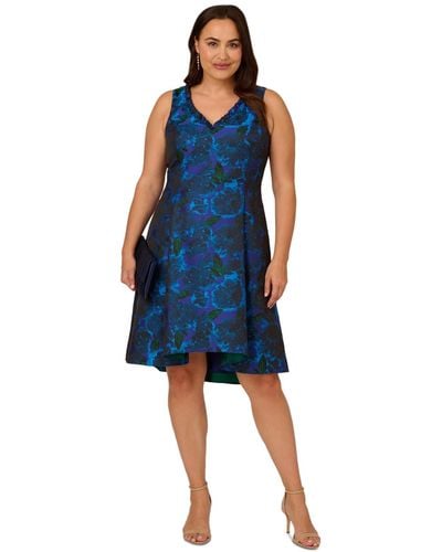 Adrianna Papell Plus Size Floral Jacquard Sleeveless Fit & Flare Dress - Blue