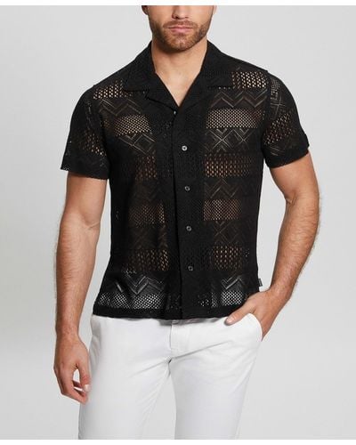 Guess Short-sleeve Geometric Crochet-knit Shirt - Black
