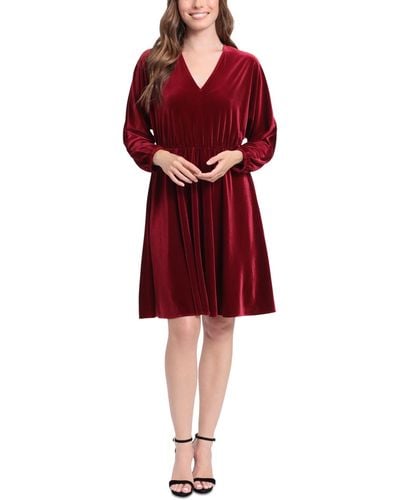 London Times Dolman-sleeve Velvet Fit & Flare Dress - Red