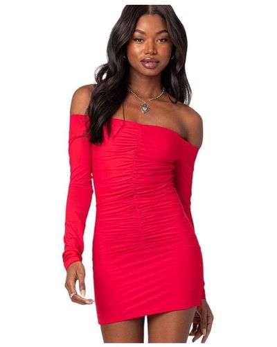 Edikted Off Shoulder Gathe Mini Dress - Red