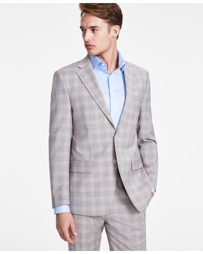 Calvin Klein Slim-fit Wool Blend Stretch Plaid Suit Separate Jacket - Gray