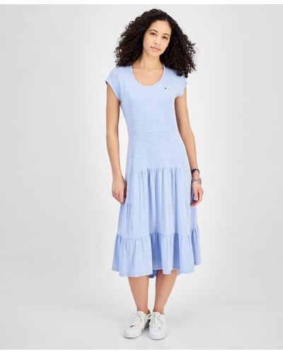 Tommy Hilfiger Short-sleeve Tiered Logo Midi Dress - Blue