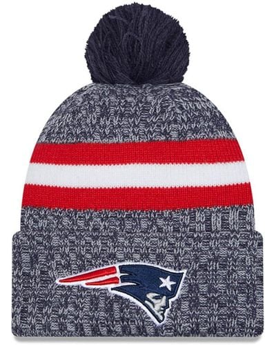KTZ New England Patriots 2023 Sideline Cuffed Knit Hat With Pom - Blue