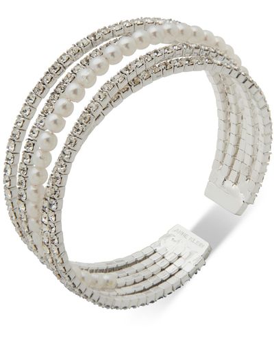 Anne Klein Silver-tone Crystal & Imitation Pearl Bangle Bracelet - Metallic