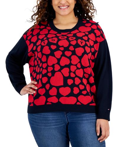 Tommy Hilfiger Plus Size Heart Jacquard Long-sleeve Sweater - Red