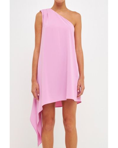 Endless Rose Shoulder Pin Tucked Asymmetrical Mini Dress - Pink