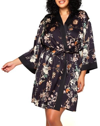 iCollection Plus Size Geri Lux Floral Satin Robe - Black