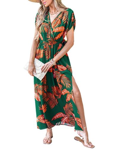 CUPSHE Tropical Leaf Surplice Short Sleeve Maxi Beach Dress - Green