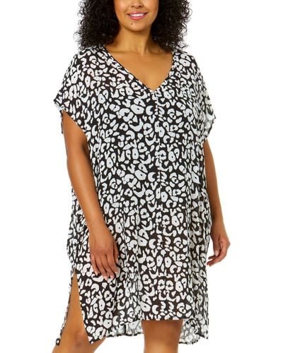 Anne Cole Plus Size V-neck Short-sleeve Tunic Cover-up - Black