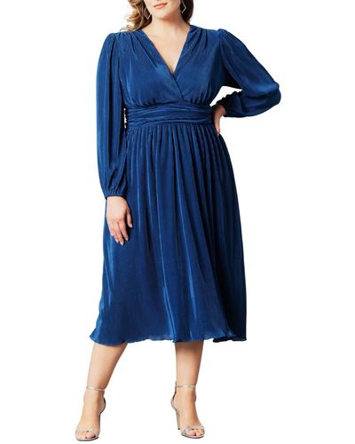 Kiyonna Plus Size Sophie Pleated Cocktail Dress - Blue