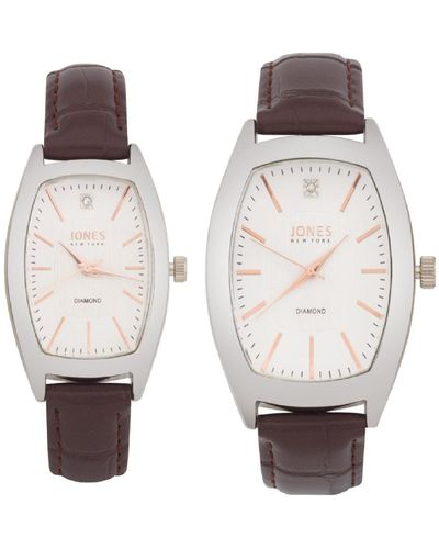 Jones New York Men And Analog Brown Croc Polyurethane Leather Strap His Hers Watch 35mm - White
