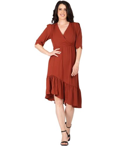 Standards & Practices Ruched Sleeve Ruffle Hem Midi Dress - Red