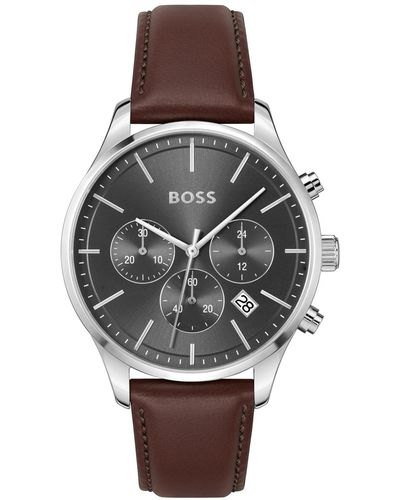 BOSS Chronograph Avery Brown Leather Strap Watch 42mm - Gray