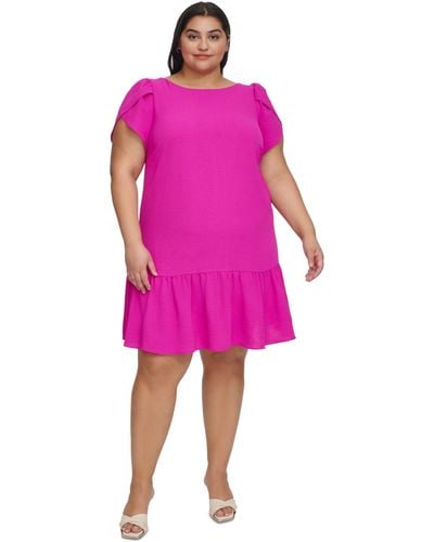 DKNY Plus Size Tulip-sleeve Ruffled-hem Shift Dress - Pink