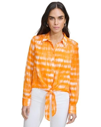 Calvin Klein Printed High-low Tie-waist Blouse - Orange