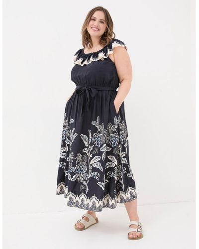 FatFace Plus Size Ezra Damask Midi Dress - Blue