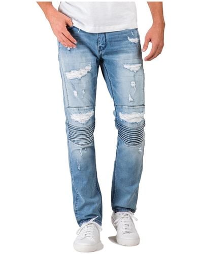 Level 7 Slim Tapered Premium Stretch Denim Moto Jeans - Blue