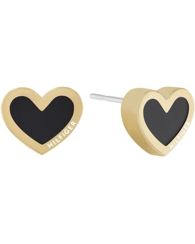 Tommy Hilfiger Black Enamel Heart Earrings In 18k Gold Plated - Multicolor